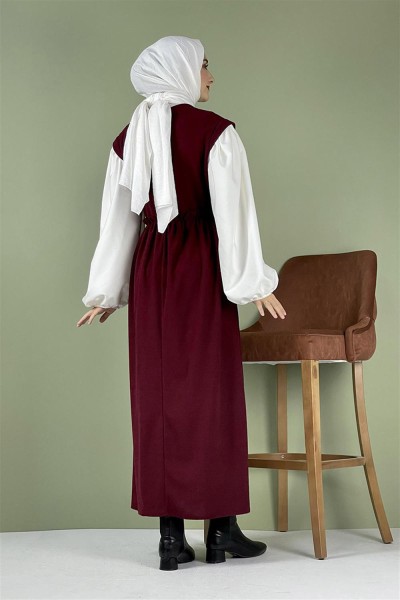 Balon Kol Kadife Elbise Bordo - Thumbnail