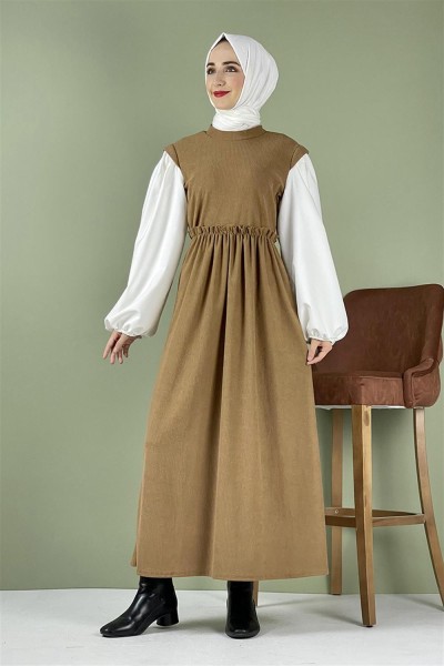 Balon Kol Kadife Elbise Camel - Thumbnail