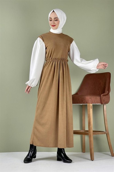 Balon Kol Kadife Elbise Camel - Thumbnail