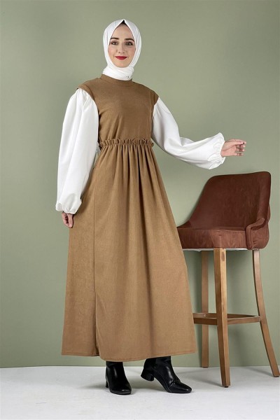 Balon Kol Kadife Elbise Camel - Thumbnail