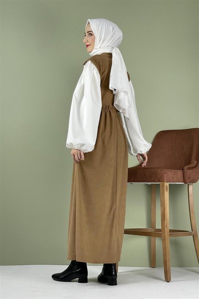 Balon Kol Kadife Elbise Camel - Thumbnail