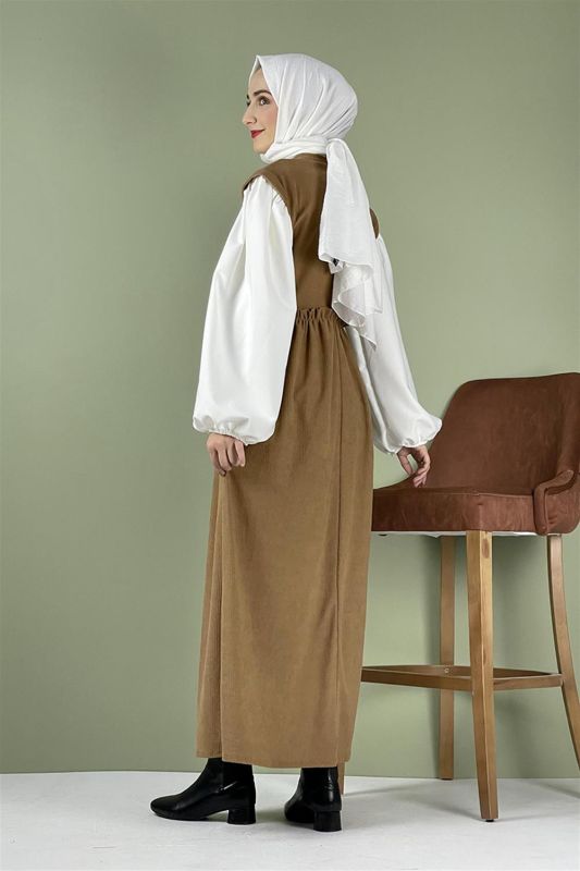 Balon Kol Kadife Elbise Camel - 5