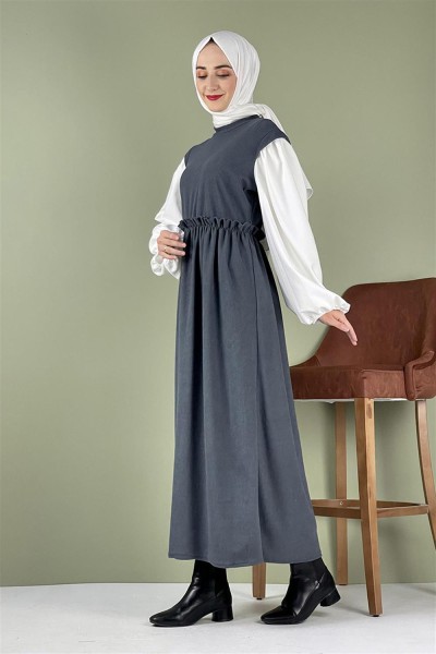 Balon Kol Kadife Elbise Gri - Thumbnail