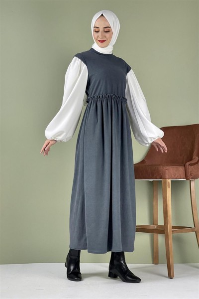 Balon Kol Kadife Elbise Gri - Thumbnail