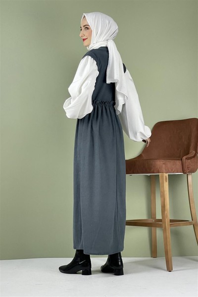 Balon Kol Kadife Elbise Gri - Thumbnail