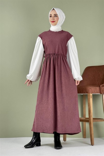 Moda Pinhan - Balon Kol Kadife Elbise Gül Kurusu