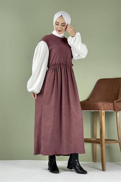 Balon Kol Kadife Elbise Gül Kurusu - Thumbnail