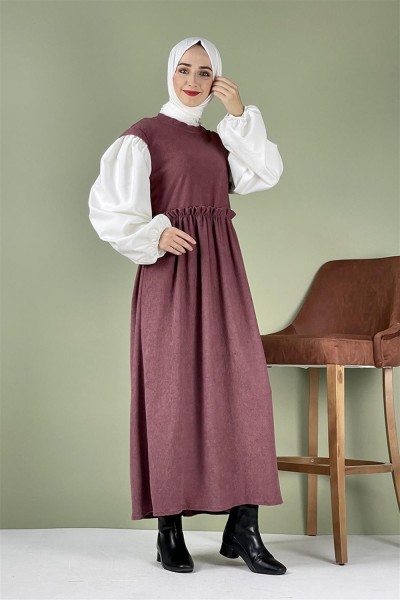 Balon Kol Kadife Elbise Gül Kurusu - Thumbnail