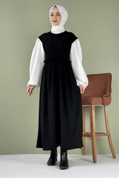 Moda Pinhan - Balon Kol Kadife Elbise Siyah