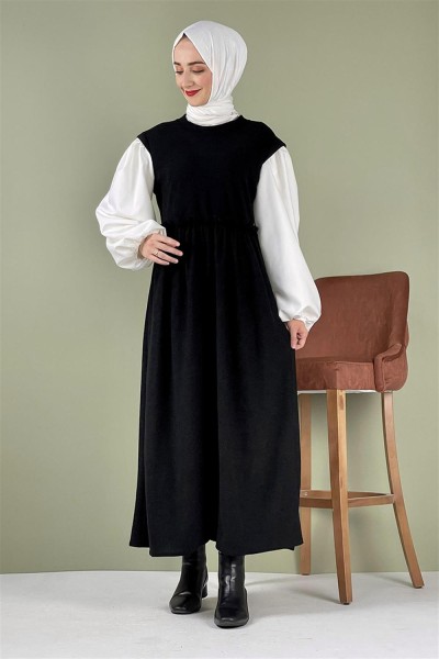 Balon Kol Kadife Elbise Siyah - Thumbnail