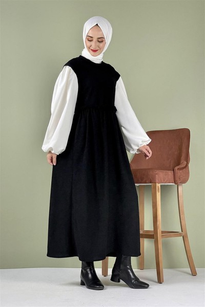 Balon Kol Kadife Elbise Siyah - Thumbnail