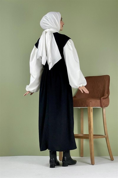 Balon Kol Kadife Elbise Siyah - Thumbnail