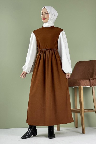 Moda Pinhan - Balon Kol Kadife Elbise Taba