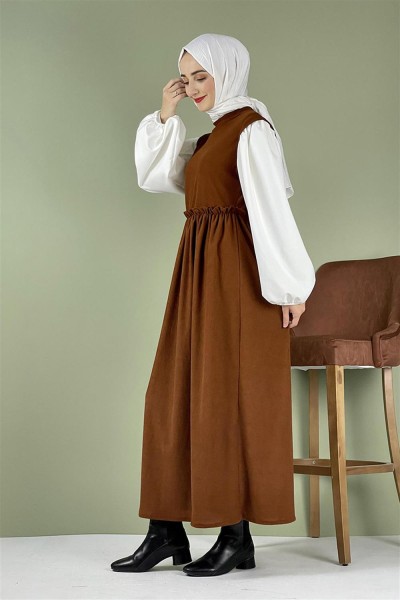 Balon Kol Kadife Elbise Taba - Thumbnail