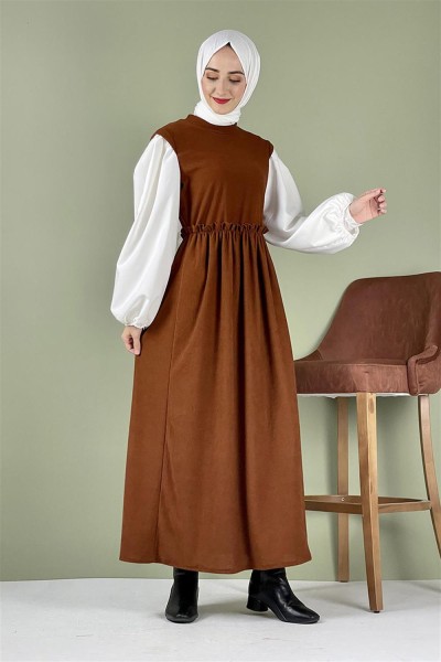 Balon Kol Kadife Elbise Taba - Thumbnail