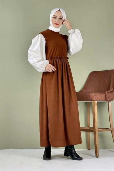 Balon Kol Kadife Elbise Taba - Thumbnail