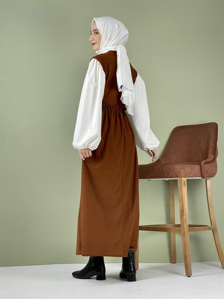 Balon Kol Kadife Elbise Taba - Thumbnail