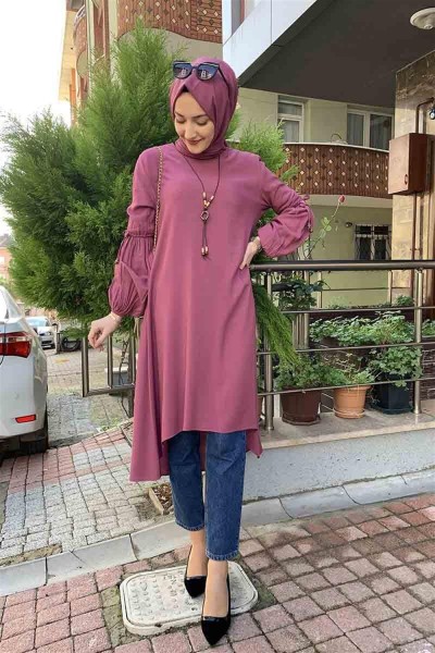 Balon Kol Kolye Detaylı Tesettür GÜL KURUSU - Thumbnail