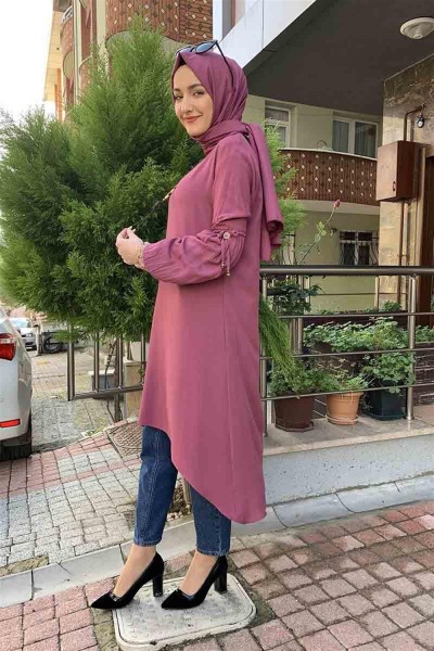 Balon Kol Kolye Detaylı Tesettür GÜL KURUSU - Thumbnail