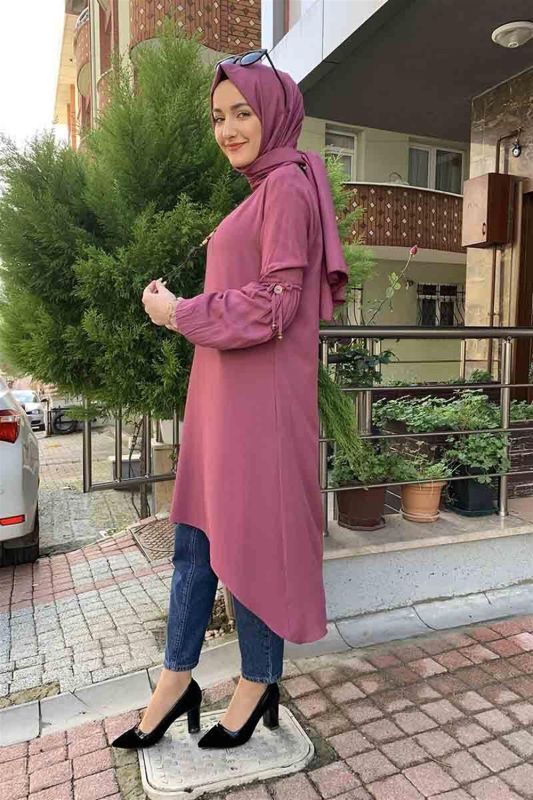 Balon Kol Kolye Detaylı Tesettür GÜL KURUSU - 3