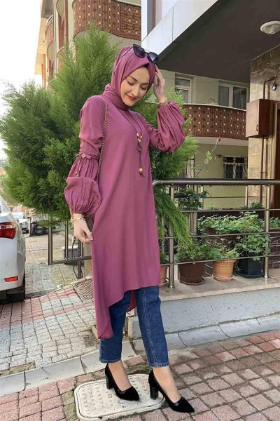 Balon Kol Kolye Detaylı Tesettür GÜL KURUSU - Thumbnail