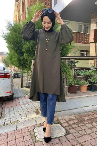 Balon Kol Kolye Detaylı Tesettür HAKİ - Thumbnail