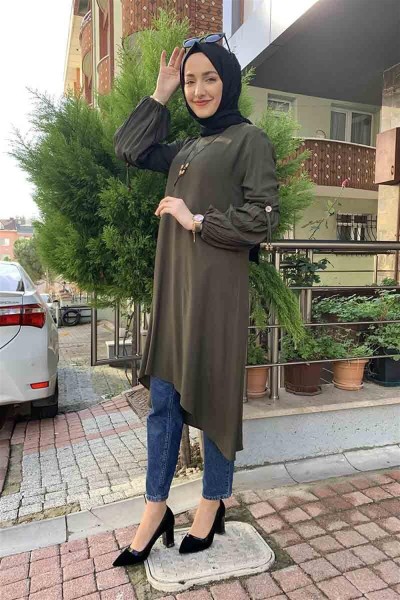 Balon Kol Kolye Detaylı Tesettür HAKİ - Thumbnail