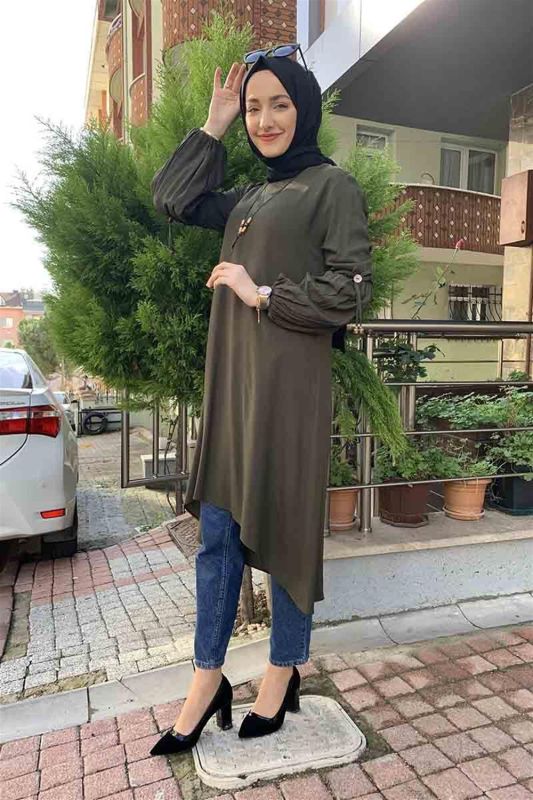 Balon Kol Kolye Detaylı Tesettür HAKİ - 3