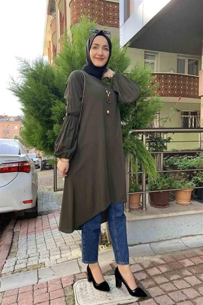 Balon Kol Kolye Detaylı Tesettür HAKİ - Thumbnail