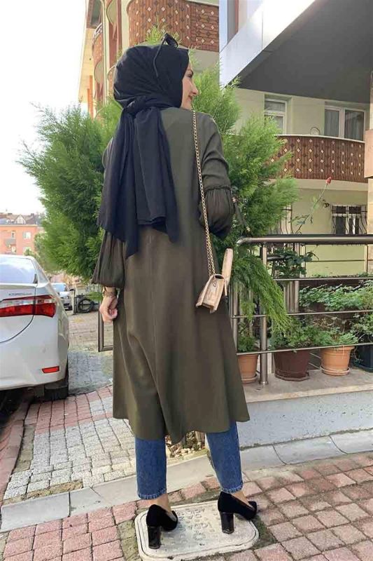 Balon Kol Kolye Detaylı Tesettür HAKİ - 5