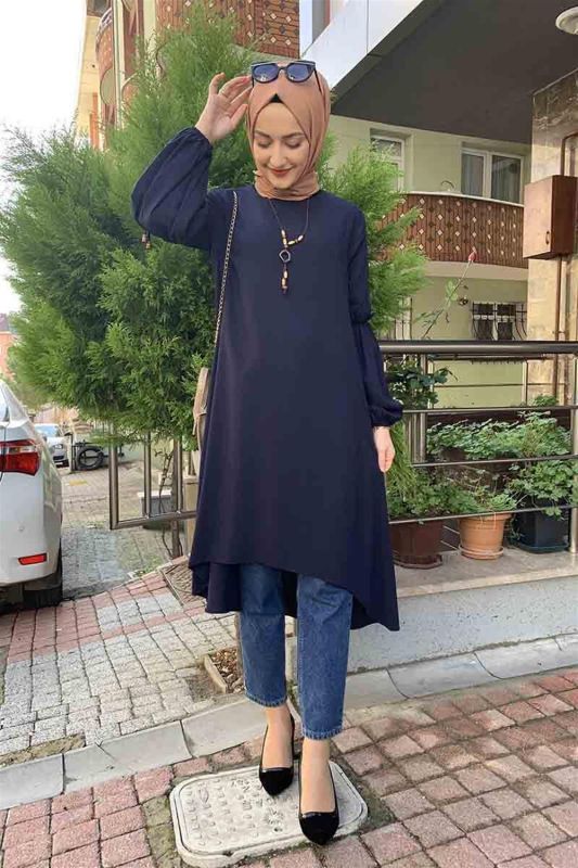 Balon Kol Kolye Detaylı Tesettür LACİVERT - 1
