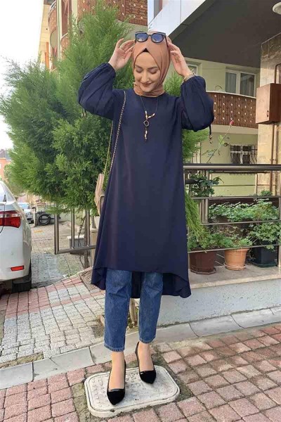 Balon Kol Kolye Detaylı Tesettür LACİVERT - Thumbnail