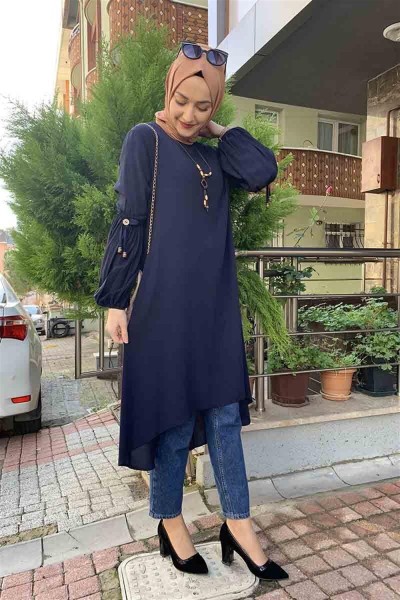 Balon Kol Kolye Detaylı Tesettür LACİVERT - Thumbnail