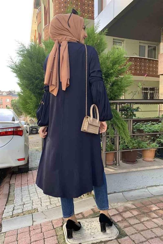 Balon Kol Kolye Detaylı Tesettür LACİVERT - 5