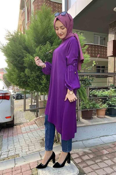 Balon Kol Kolye Detaylı Tesettür MOR - Thumbnail