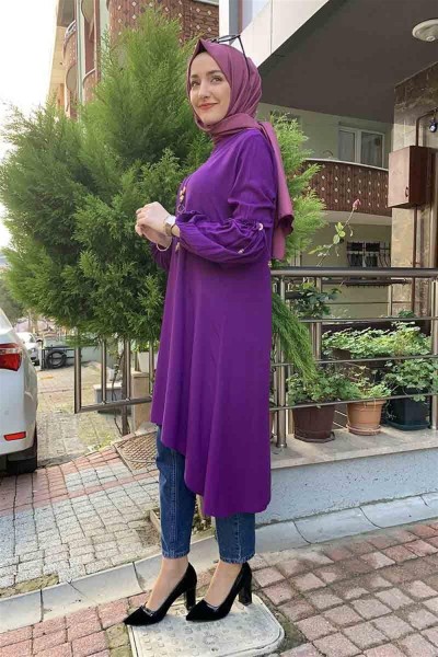 Balon Kol Kolye Detaylı Tesettür MOR - Thumbnail