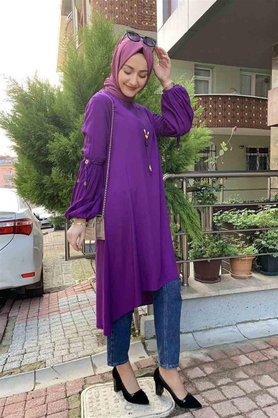 Balon Kol Kolye Detaylı Tesettür MOR - Thumbnail