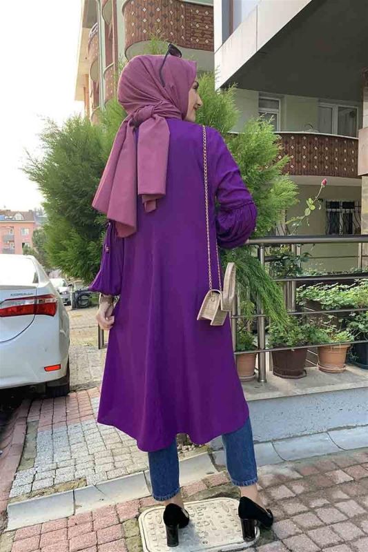 Balon Kol Kolye Detaylı Tesettür MOR - 5