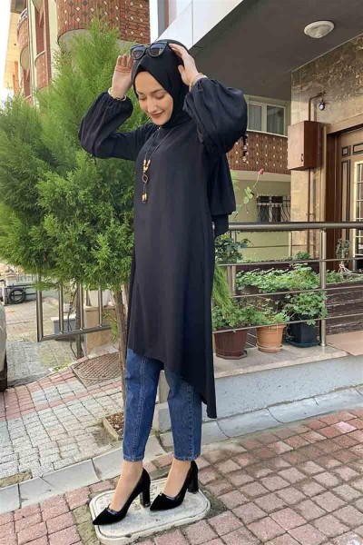 Balon Kol Kolye Detaylı Tesettür SİYAH - Thumbnail