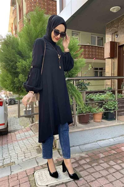 Balon Kol Kolye Detaylı Tesettür SİYAH - Thumbnail