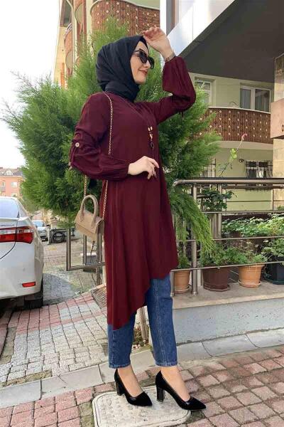Balon Kol Kolye Detaylı Tesettür VİŞNE - 3