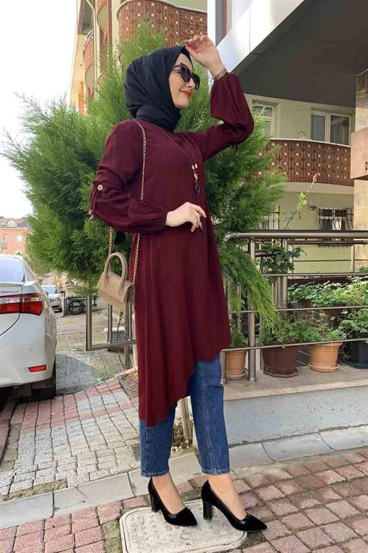 Balon Kol Kolye Detaylı Tesettür VİŞNE - 3