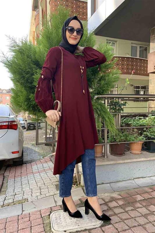 Balon Kol Kolye Detaylı Tesettür VİŞNE - 4