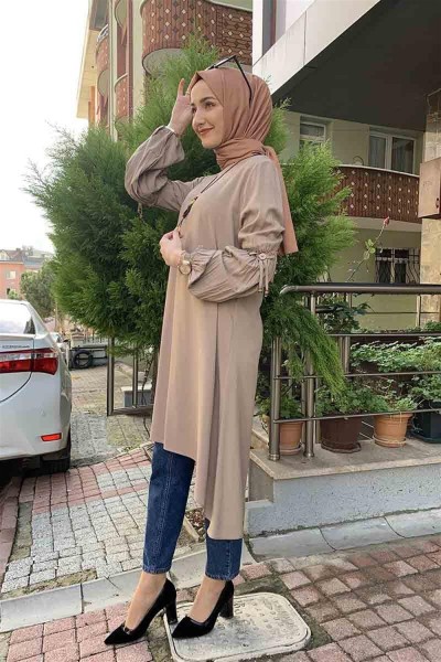 Balon Kol Kolye Detaylı Tesettür VİZON - Thumbnail