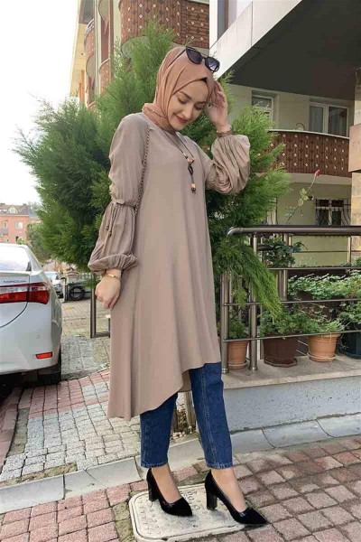 Balon Kol Kolye Detaylı Tesettür VİZON - Thumbnail