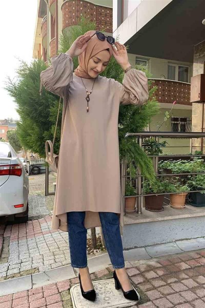 Balon Kol Kolye Detaylı Tesettür VİZON - Thumbnail