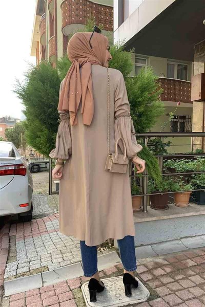 Balon Kol Kolye Detaylı Tesettür VİZON - Thumbnail