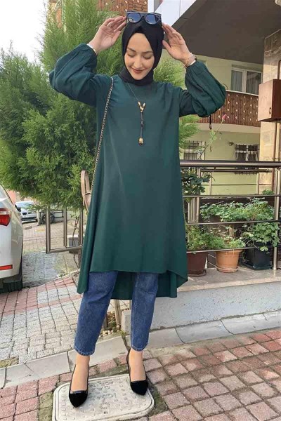 Balon Kol Kolye Detaylı Tesettür ZÜMRÜT YEŞİLİ - Thumbnail