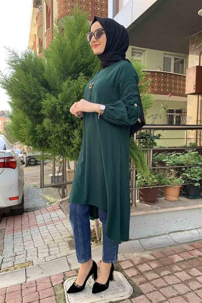 Balon Kol Kolye Detaylı Tesettür ZÜMRÜT YEŞİLİ - Thumbnail