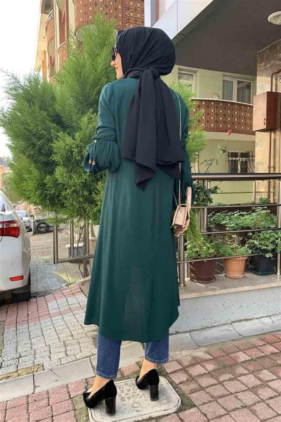 Balon Kol Kolye Detaylı Tesettür ZÜMRÜT YEŞİLİ - Thumbnail